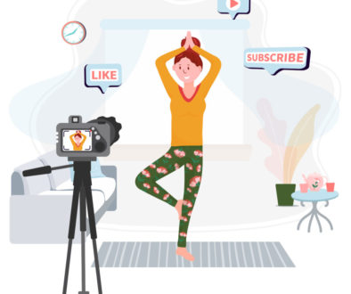 Video Blogger practice yoga. Streaming home workout. Vlogger have live sport activity in room. Woman records physical exercises indoor. Vector concept of Healthy lifestyle